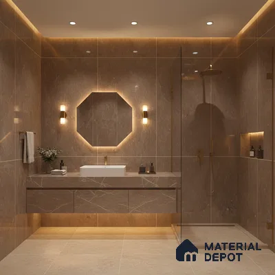 Modern bathroom with brown marble-look wall tiles, floating vanity, and beige floor tiles | Material Depot