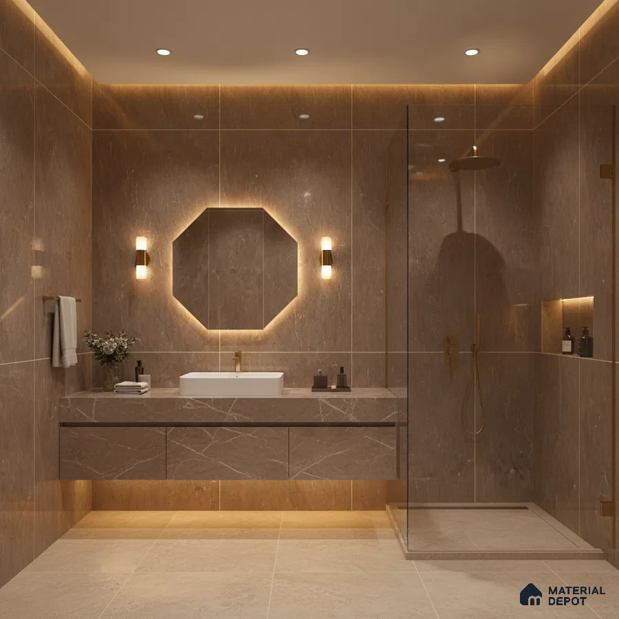Modern bathroom with brown marble-look wall tiles, floating vanity, and beige floor tiles | Material Depot