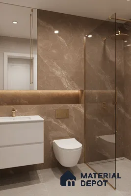 Modern bathroom with brown marble-look wall tiles, gold accents, and matte grey floor tiles | Material Depot