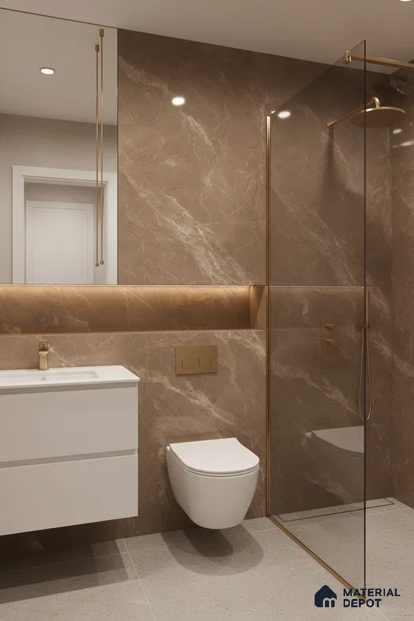 Modern bathroom with brown marble-look wall tiles, gold accents, and matte grey floor tiles | Material Depot