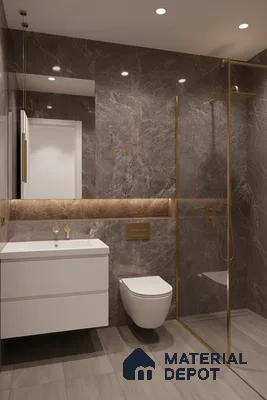 Modern bathroom with brown marble-look wall tiles, matte grey floor tiles, and floating white vanity | Material Depot