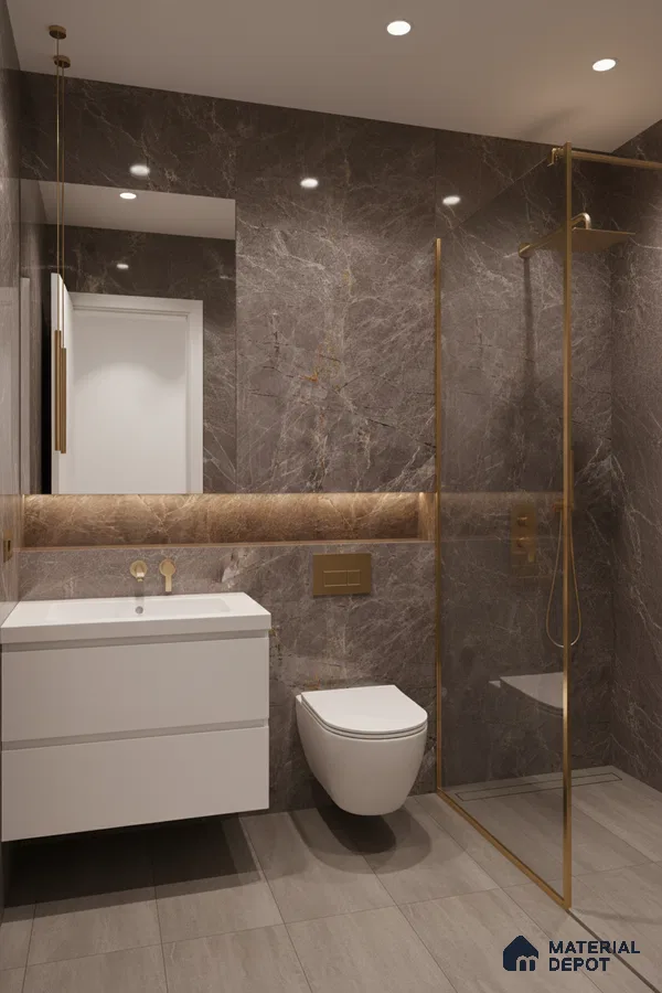 Modern bathroom with brown marble-look wall tiles, matte grey floor tiles, and floating white vanity | Material Depot