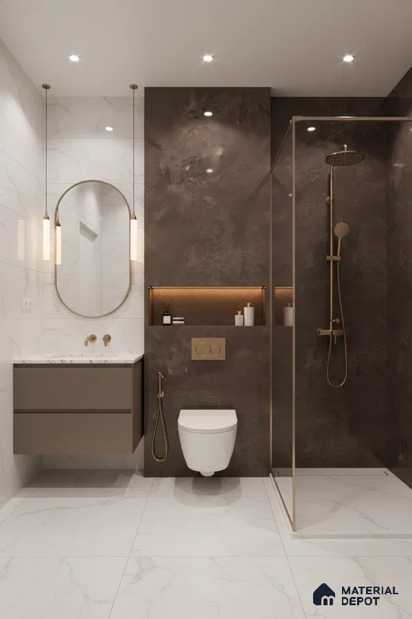 Modern bathroom with brown stone wall tiles, white marble-look floor and wall tiles, and gold fixtures | Material Depot