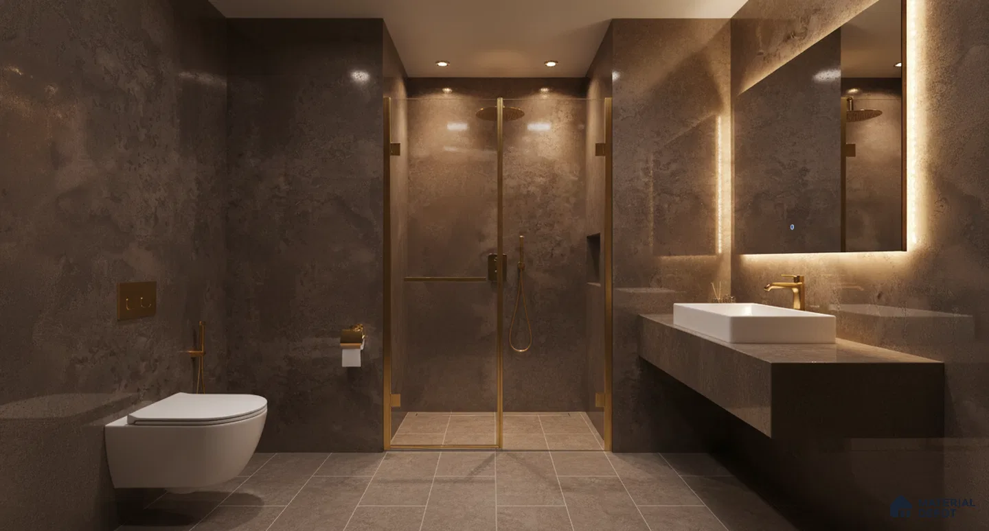Modern bathroom with brown stone-look wall tiles, matte grey floor tiles, and gold fixtures | Material Depot
