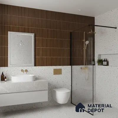 Modern bathroom with brown vertical kitkat wall tiles and terrazzo wall and floor tiles | Material Depot