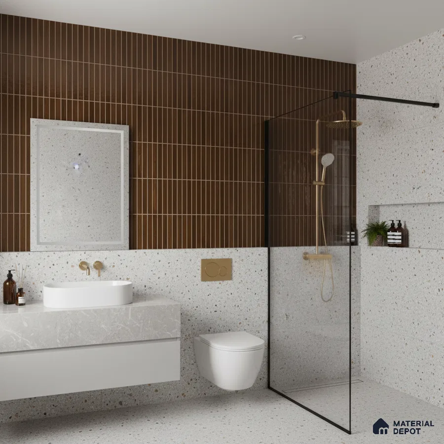 Modern bathroom with brown vertical kitkat wall tiles and terrazzo wall and floor tiles | Material Depot
