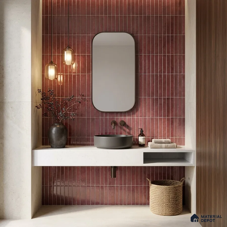 Modern bathroom with burgundy kitkat wall tiles and white quartz floating vanity
