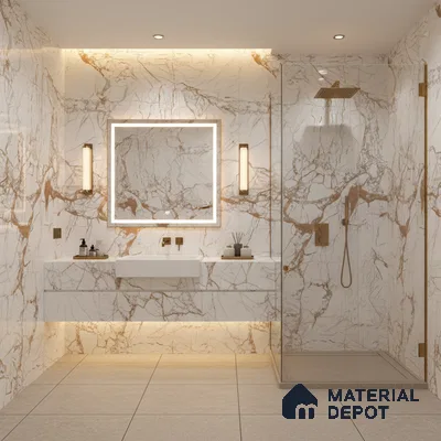 Modern bathroom with calacatta gold marble-look wall tiles and beige matte floor tiles | Material Depot