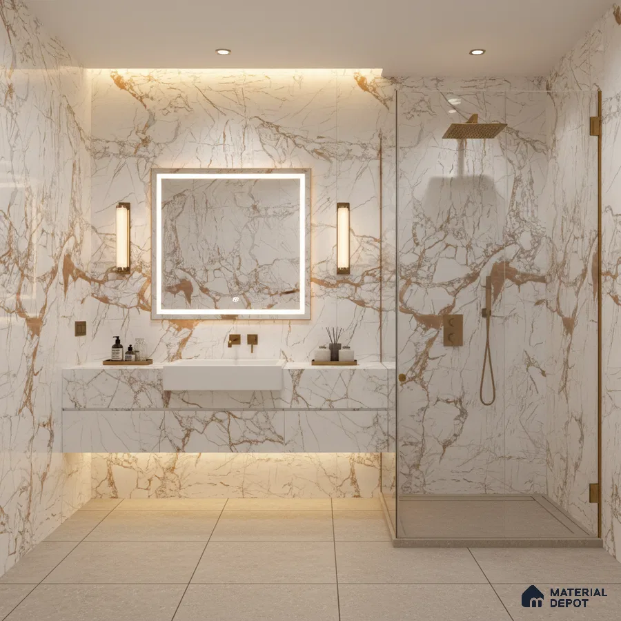 Modern bathroom with calacatta gold marble-look wall tiles and beige matte floor tiles | Material Depot