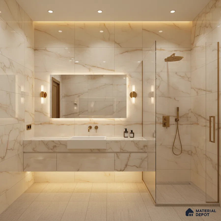 Modern bathroom with calacatta marble-look wall tiles and floating vanity | Material Depot