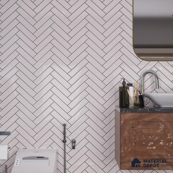 Faux Subway Wall Tile TL 04684 Herringbone Solara Echo White 2 ft x 1 ft Ceramic Glossy Finish - 9 mm | Suitable For Kitchen, Bathroom Walls and Backsplashes | Please Expect a Slight Variation of Pattern