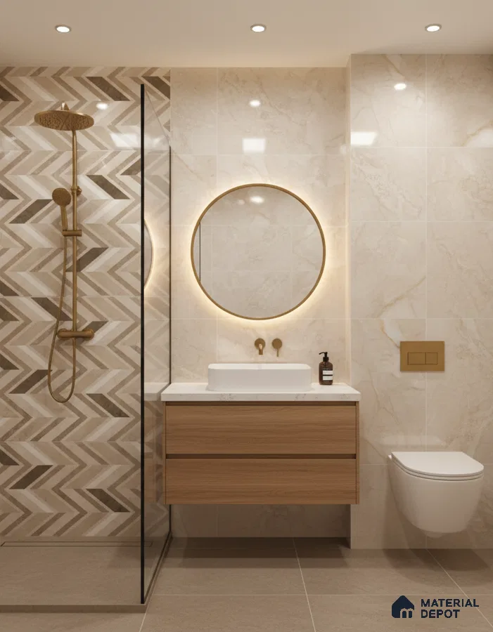 Modern bathroom with chevron patterned beige wall tiles, marble-look wall tiles, and wood vanity | Material Depot