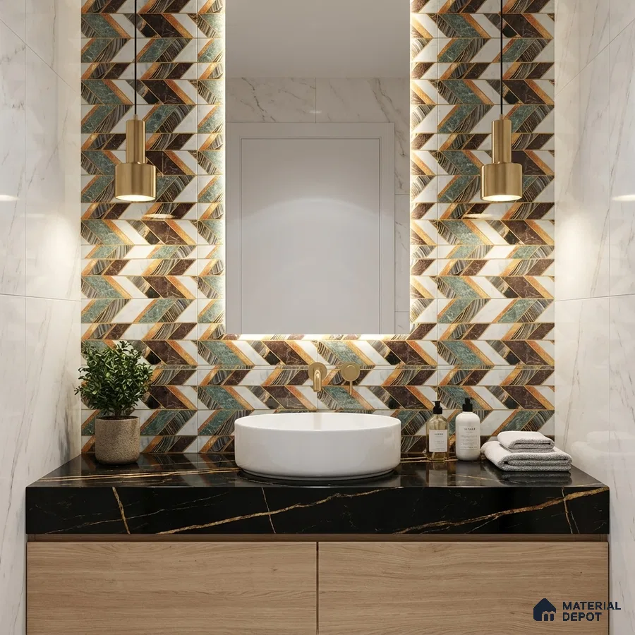 Modern bathroom with chevron patterned highlighter wall tiles, black marble countertop, and light wood vanity
