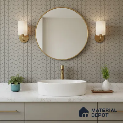 Modern bathroom with chevron patterned wall tile and white marble countertop