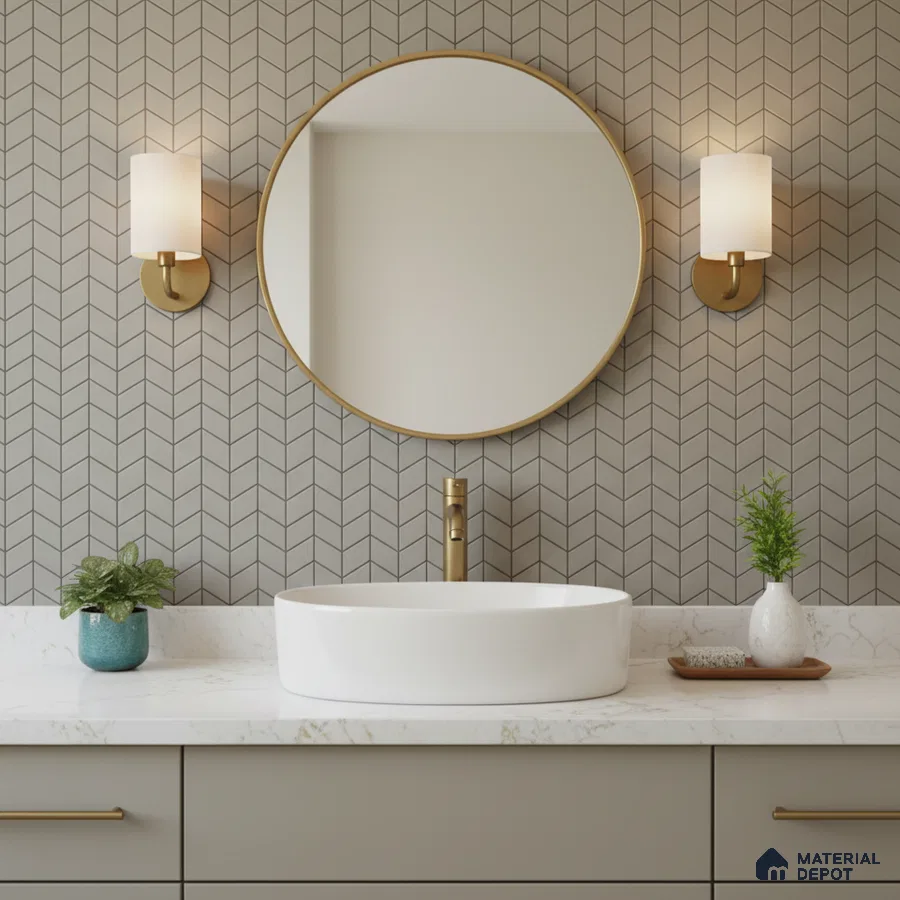 Modern bathroom with chevron patterned wall tile and white marble countertop