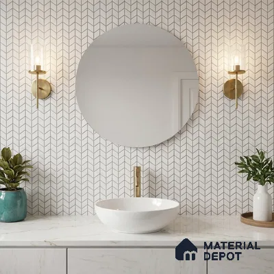 Modern bathroom with chevron patterned wall tiles and white marble countertop