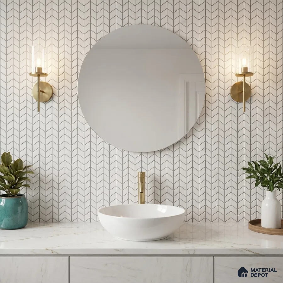 Modern bathroom with chevron patterned wall tiles and white marble countertop