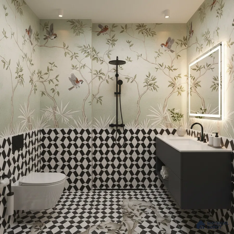 Modern bathroom with chinoiserie wallpaper and black-and-white geometric floor and wall tiles in Bengaluru | Material Depot