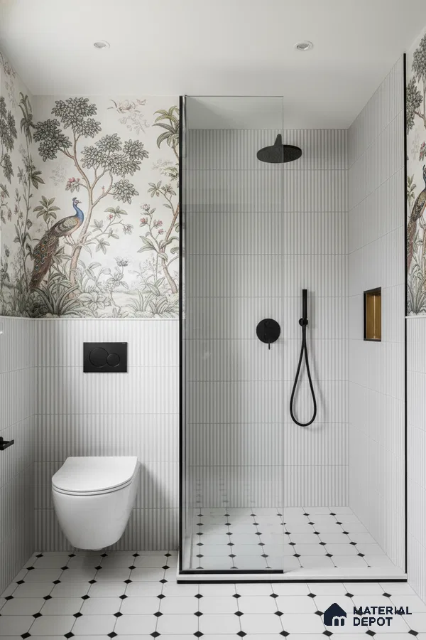 Modern bathroom with chinoiserie wallpaper, fluted white wall tiles, and black-and-white geometric floor tiles | Material Depot