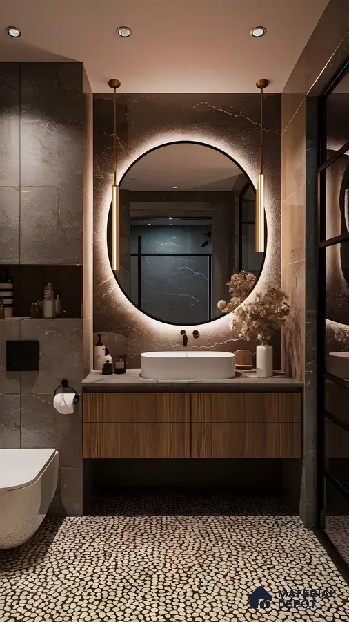 Modern Bathroom with Circular Mirror and Terrazzo Floor | Material Depot