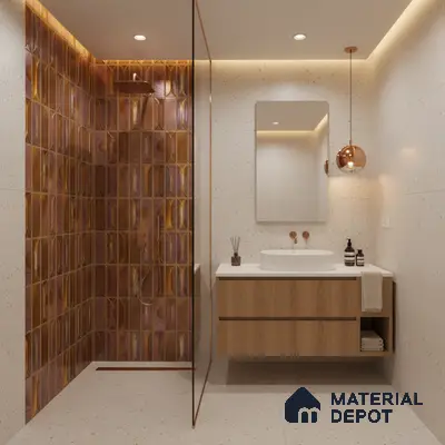 Modern bathroom with copper geometric highlighter wall tiles, terrazzo wall and floor tiles, and floating wood vanity | Material Depot