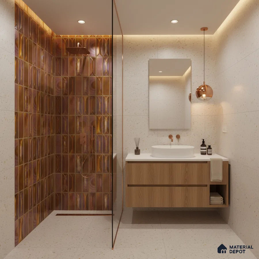 Modern bathroom with copper geometric highlighter wall tiles, terrazzo wall and floor tiles, and floating wood vanity | Material Depot