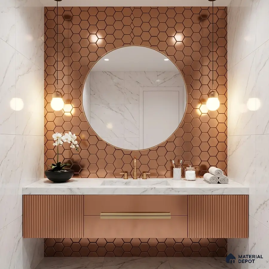 Modern bathroom with copper hexagonal wall tiles, fluted vanity, and white marble wall tiles