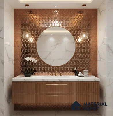 Modern bathroom with copper hexagonal wall tiles, marble wall tiles, and fluted wood vanity