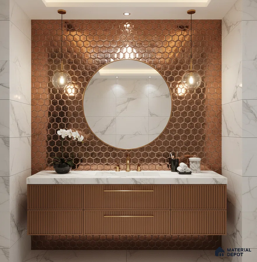 Modern bathroom with copper hexagonal wall tiles, marble wall tiles, and fluted wood vanity