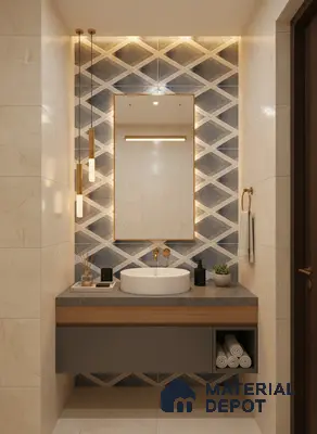 Modern bathroom with cream marble-look tiles, geometric blue highlighter wall, and floating grey vanity with gold accents
