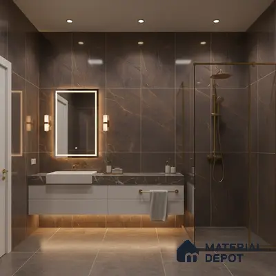 Modern bathroom with dark brown marble-look wall tiles and grey marble countertop | Material Depot