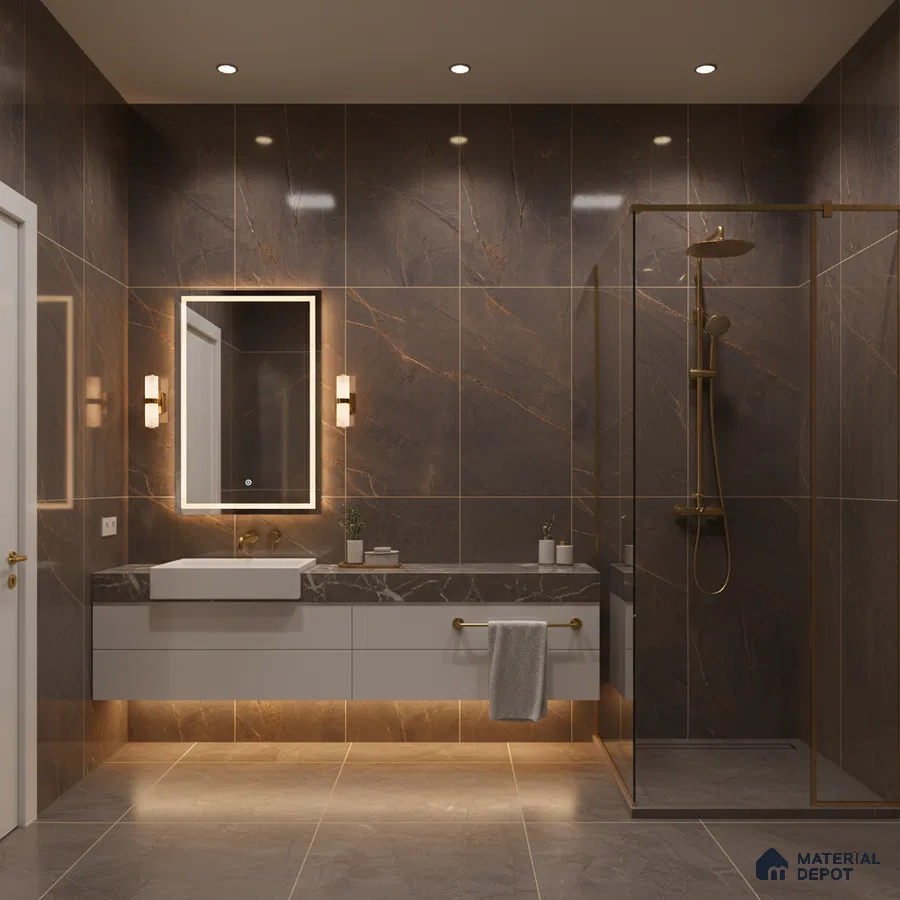 Modern bathroom with dark brown marble-look wall tiles and grey marble countertop | Material Depot