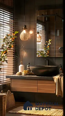 Modern Bathroom with Dark Gray Tiles and Wooden Vanity | Material Depot