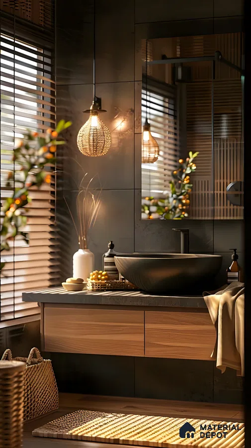 Modern Bathroom with Dark Gray Tiles and Wooden Vanity | Material Depot