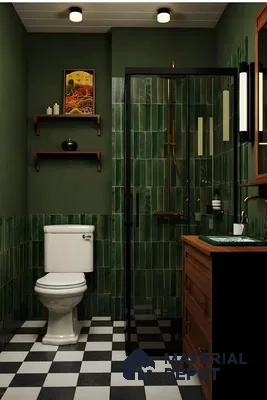 Modern Bathroom with Dark Green Walls and Black and White Floor Tiles | Material Depot