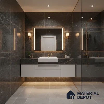 Modern bathroom with dark grey marble wall tiles, floating white vanity, and light grey floor tiles | Material Depot