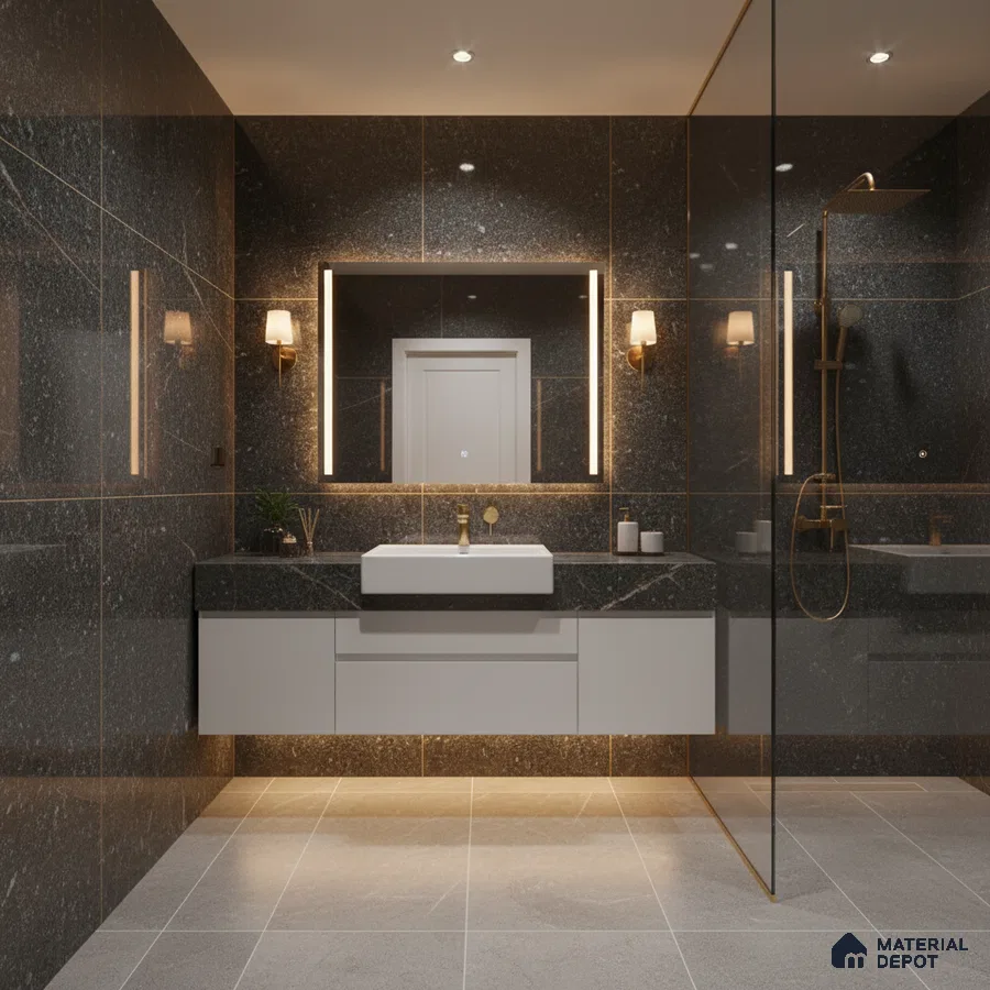Modern bathroom with dark grey marble wall tiles, floating white vanity, and light grey floor tiles | Material Depot