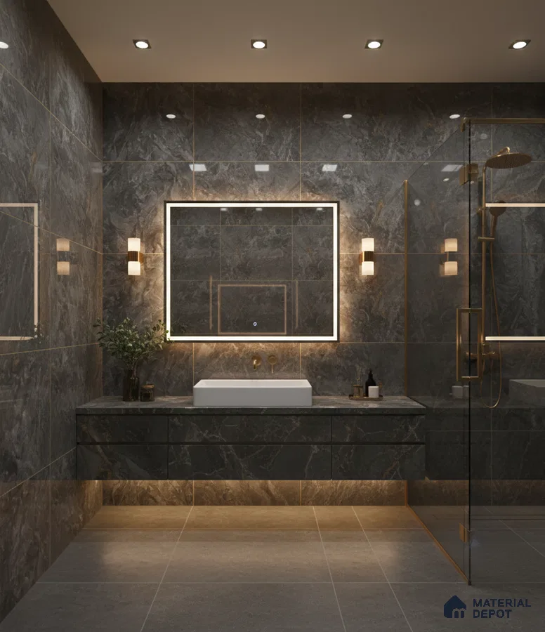 Modern bathroom with dark grey marble-look wall tiles and floating vanity | Material Depot