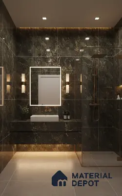 Modern bathroom with dark marble wall tiles and beige matte floor tiles | Material Depot