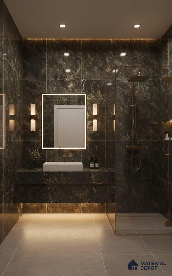 Modern bathroom with dark marble wall tiles and beige matte floor tiles | Material Depot