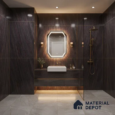 Modern bathroom with dark marble wall tiles, beige marble floor tiles, and gold accents | Material Depot