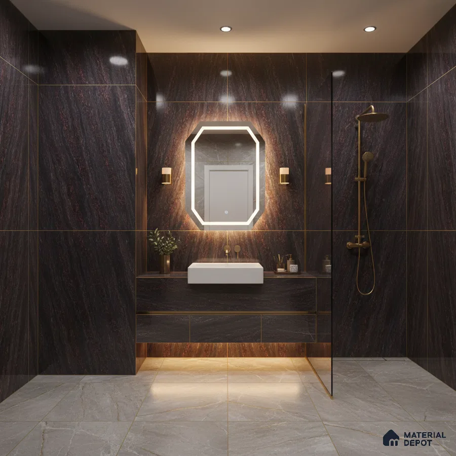 Modern bathroom with dark marble wall tiles, beige marble floor tiles, and gold accents | Material Depot