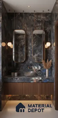 Modern bathroom with dark marble wall tiles, fluted wood vanity, and glass vessel sink | Material Depot