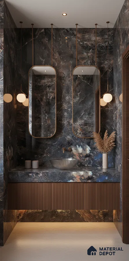 Modern bathroom with dark marble wall tiles, fluted wood vanity, and glass vessel sink | Material Depot