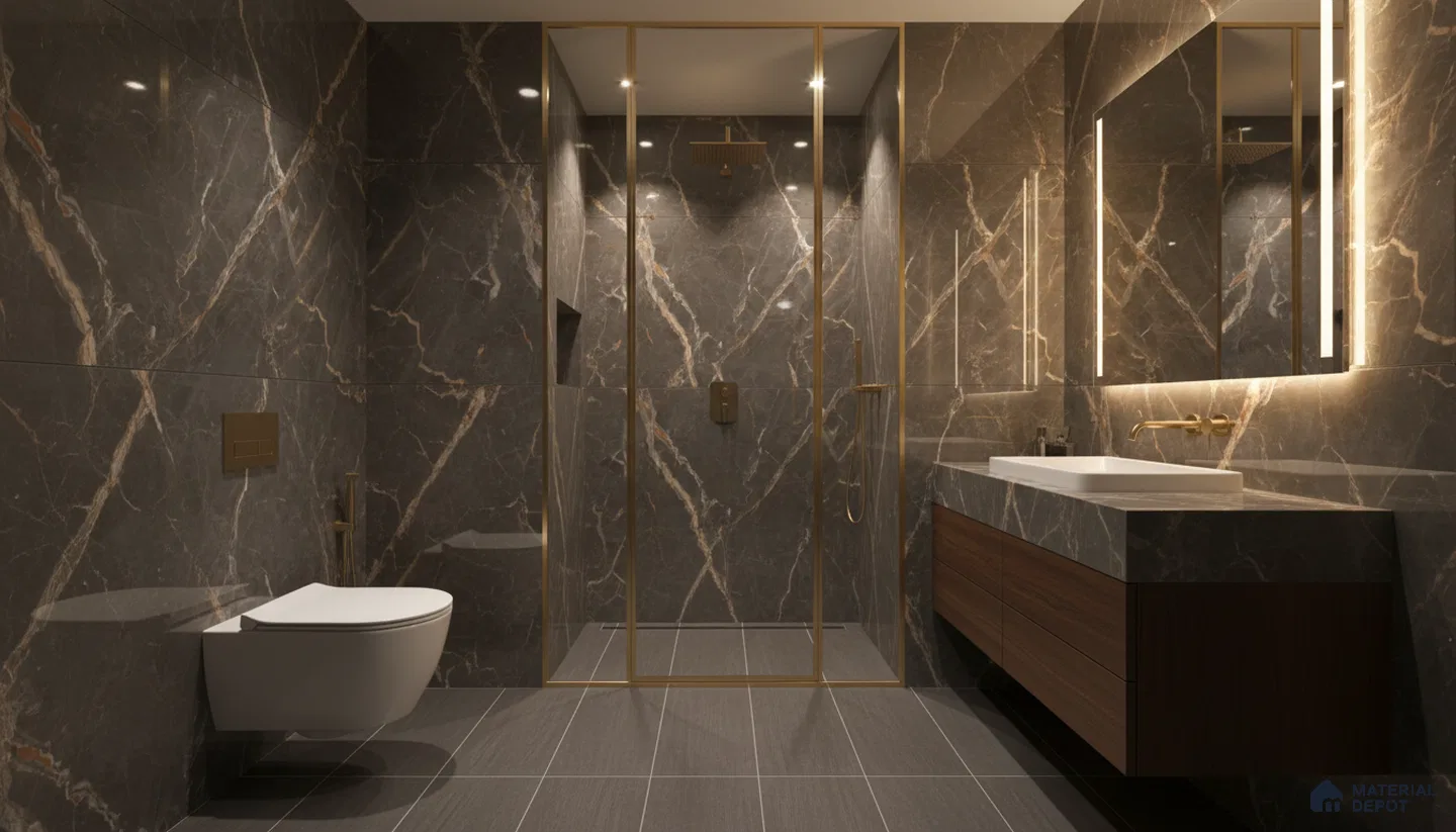 Modern bathroom with dark marble wall tiles, gold accents, and floating wood vanity | Material Depot