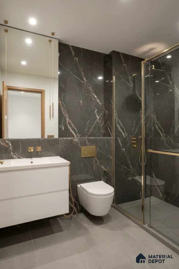 Modern bathroom with dark marble wall tiles, matte grey floor tiles, and floating white vanity | Material Depot