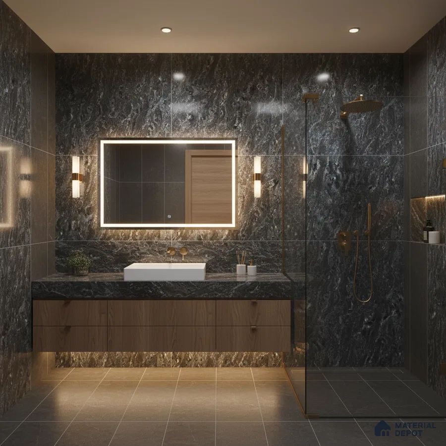 Modern bathroom with dark marble wall tiles, wooden floating vanity, and matte grey floor tiles | Material Depot