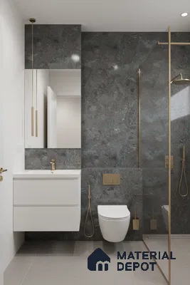 Modern bathroom with dark marble-look wall tiles, matte grey floor tiles, and white floating vanity | Material Depot