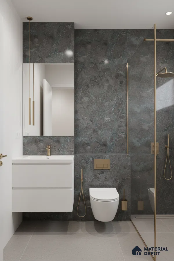 Modern bathroom with dark marble-look wall tiles, matte grey floor tiles, and white floating vanity | Material Depot