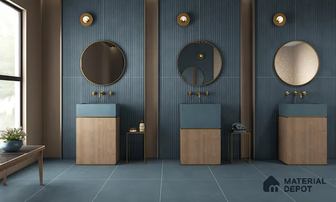 Modern Bathroom with Deep Blue Fluted Wall Tiles and Matte Blue Flooring – Elegant & Stylish Design | Material Depot